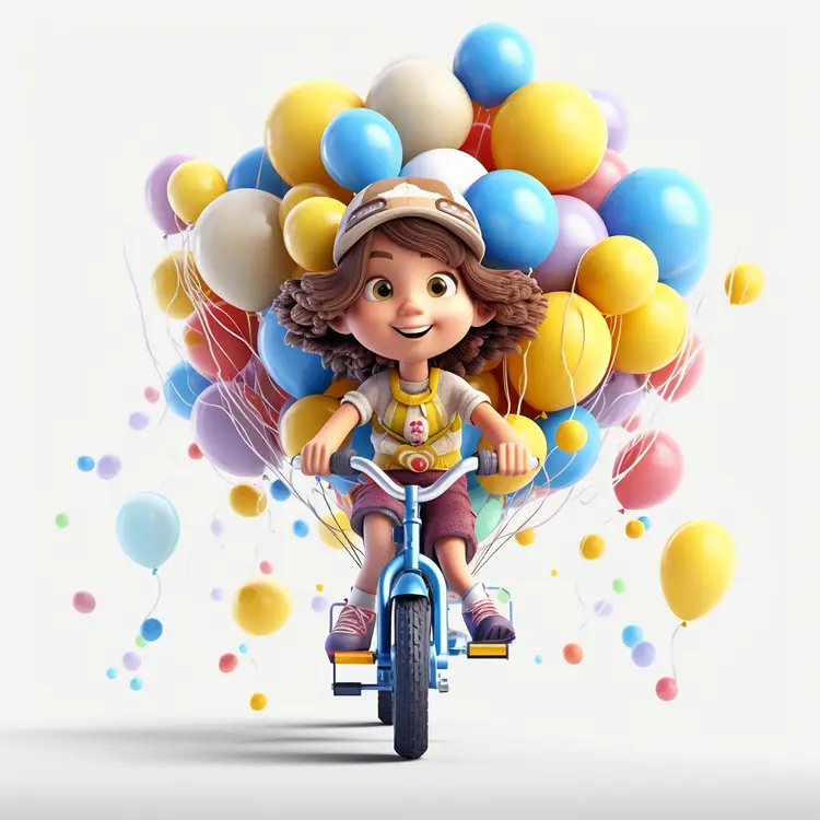 Happy Girl Riding Bicycle with Balloons
