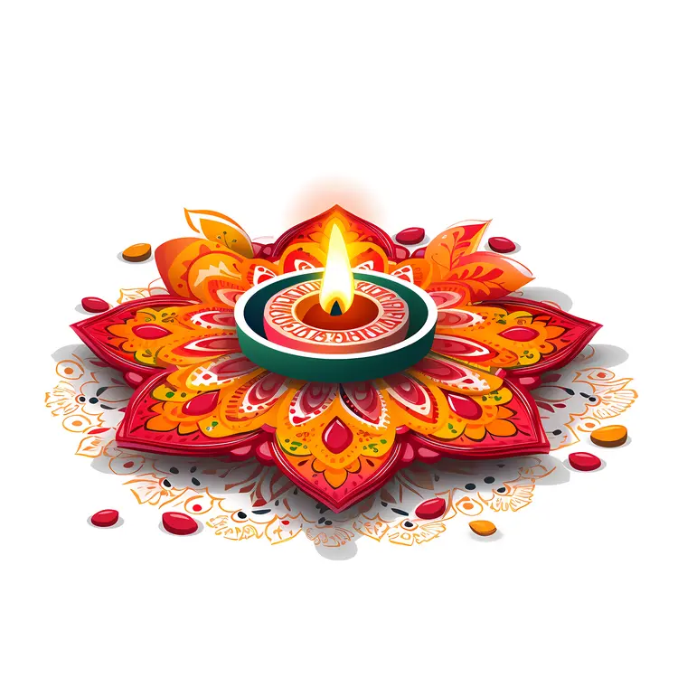 Red Diya with Rangoli for Diwali