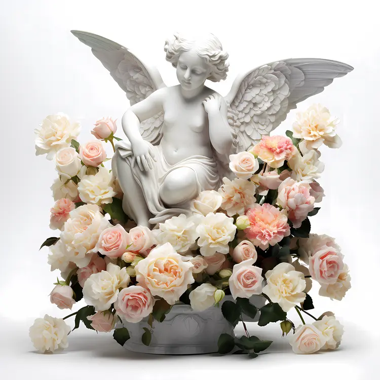 Innocent Cherub Statue with Pink and White Flowers