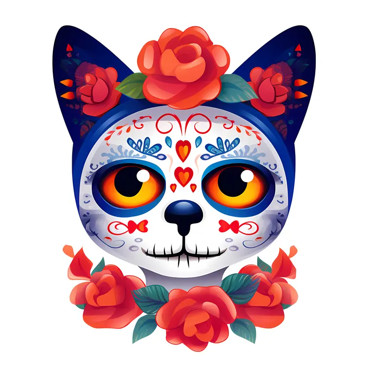 Colorful Sugar Skull Cat for Day of the Dead Celebration