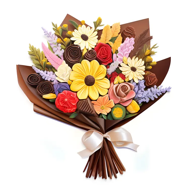 Flower and Chocolate Bouquet with White Ribbon