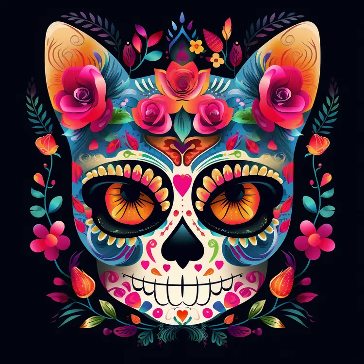 Colorful Sugar Skull Cat for Day of the Dead Celebration
