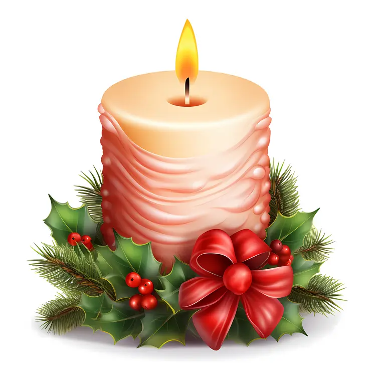 Festive Candle with Red Bow and Holly