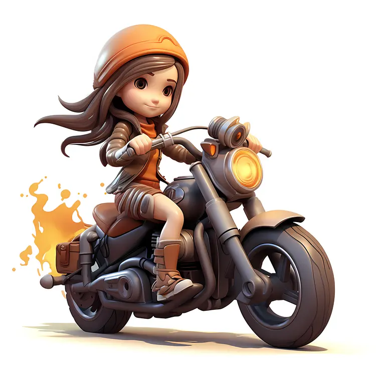 Cartoon Girl Biker on Black Motorcycle