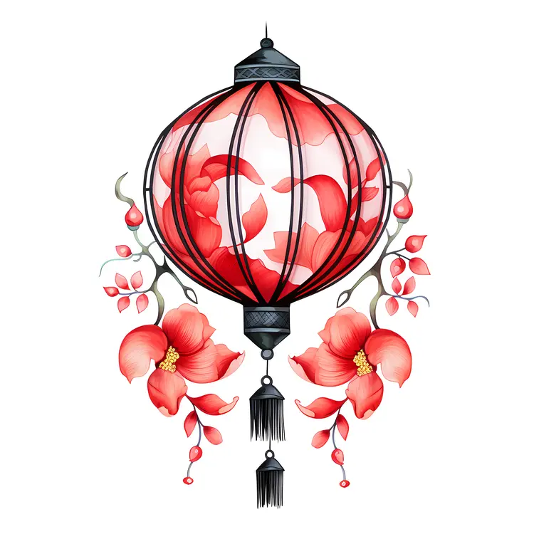Red Lantern with Pink Floral Design