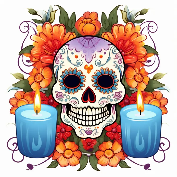 Colorful Sugar Skull with Candles and Flowers for Day of the Dead