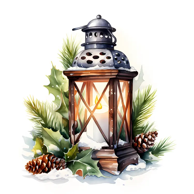 Christmas Lantern with Holly and Pinecones
