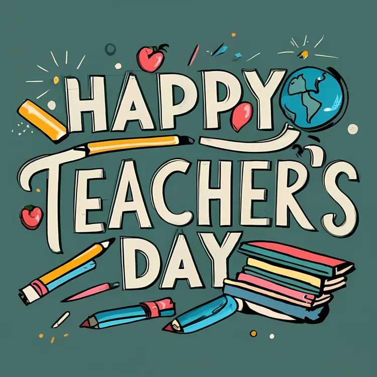 Happy Teacher's Day Text with Pencils and Books