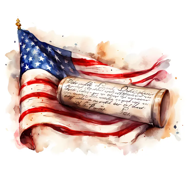 Declaration of Independence with American Flag and Scroll
