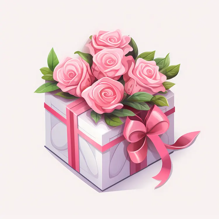 Pink Roses in a Gift Box with Ribbon