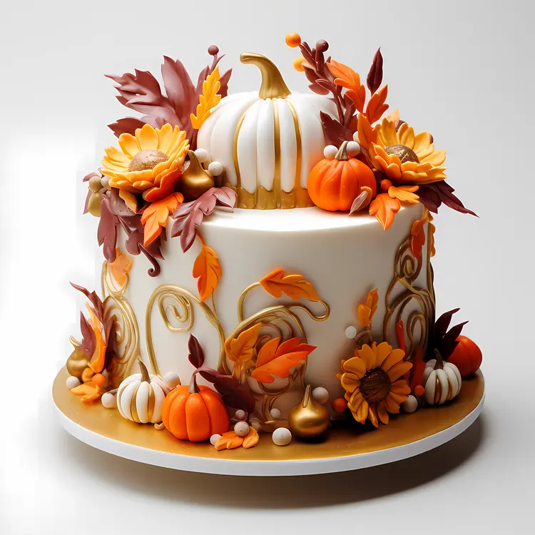 Autumn-themed Cake with Pumpkins and Flowers