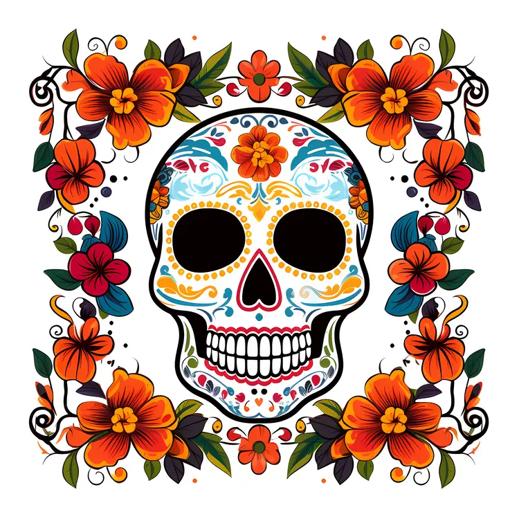 Intricate Skull and Flowers Decorative Frame for Day of the Dead