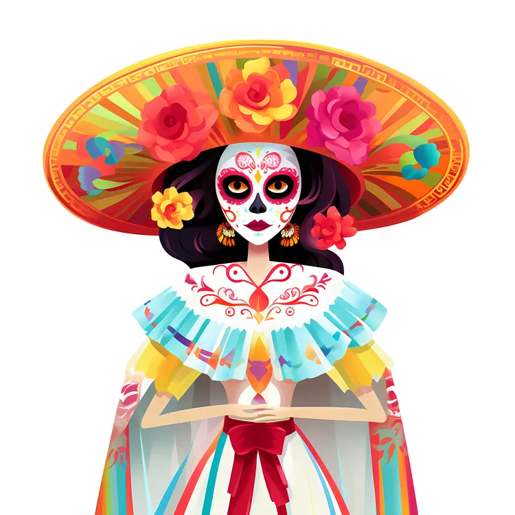 Colorful Sugar Skull with Hat and Flowers