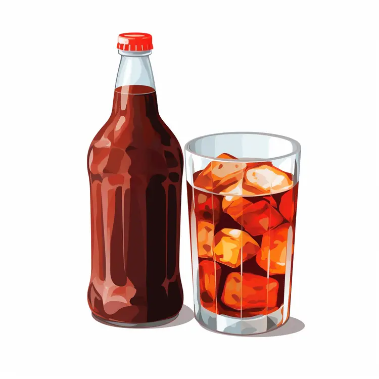 Brown Soda Bottle and Glass with Ice Cubes