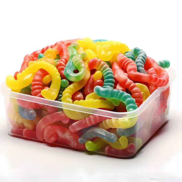 Colorful Gummy Worms in a Plastic Container