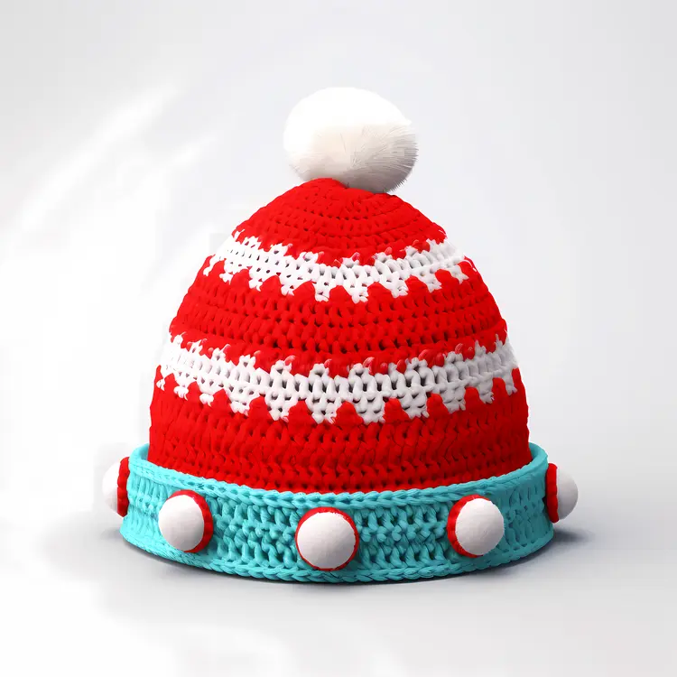 Red and White Knitted Hat with Pom-pom