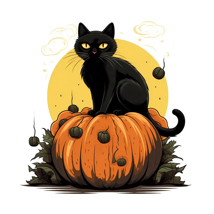 Black Cat on Pumpkin with Halloween Moon