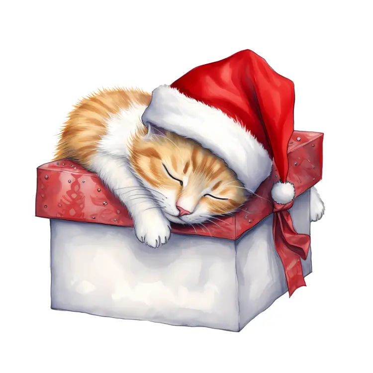Sleeping Cat with Santa Hat in Gift Box