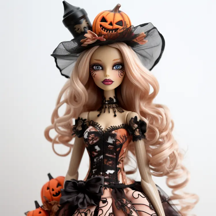 Halloween Doll with Witch Hat and Pumpkins