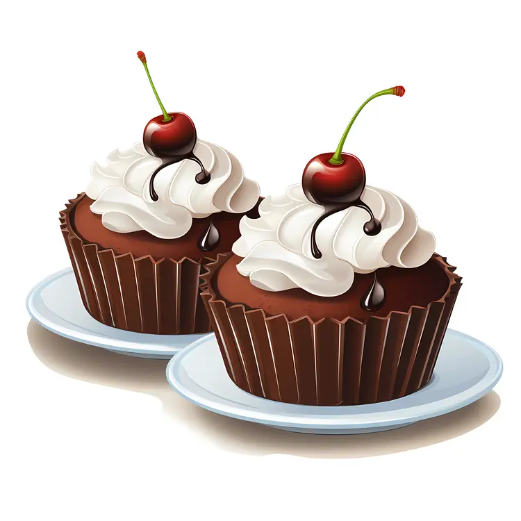 Chocolate Cupcakes with Cherries on Plates