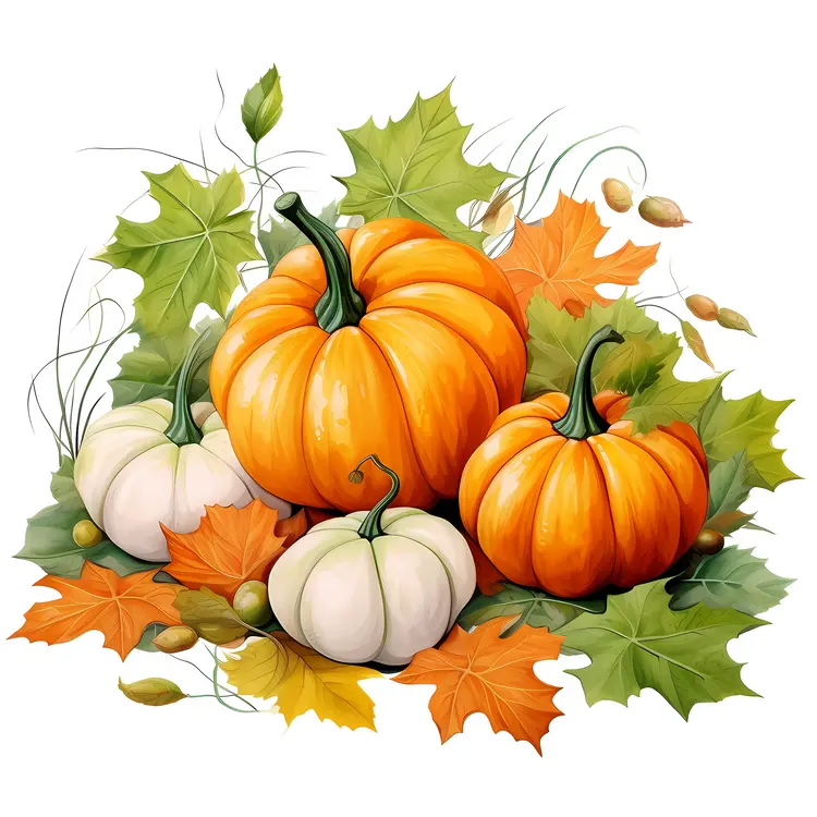 Beautiful Pumpkins with Autumn Leaves for Fall Festival