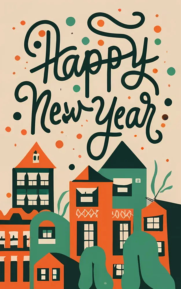 Happy New Year Greeting with Houses