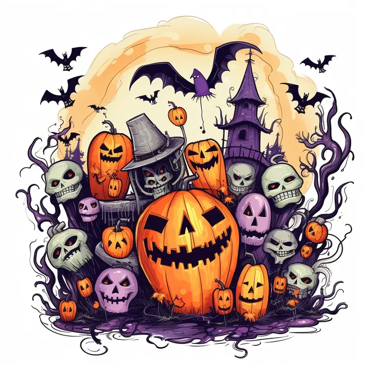 Spooky Halloween Pumpkin and Skulls