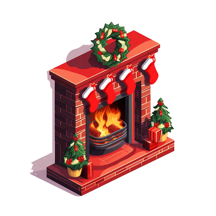 Christmas Fireplace with Wreath and Stockings