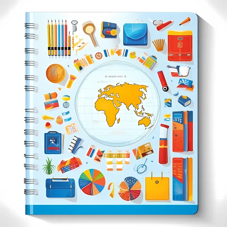 Colorful Notebook with School Supplies and World Map