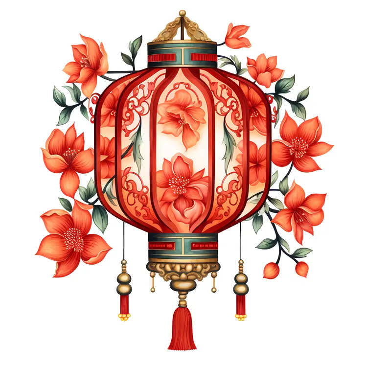 Red Lantern with Flowers for Chinese New Year