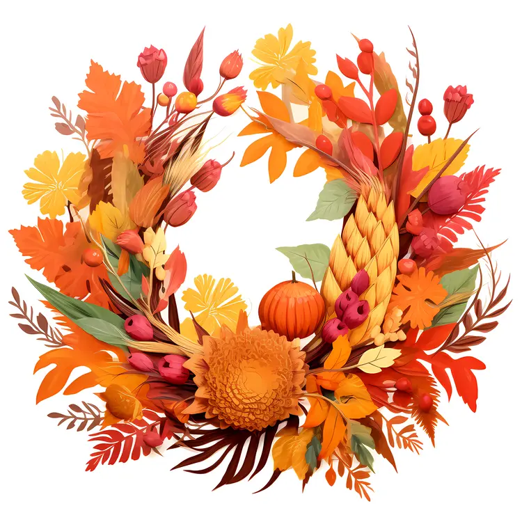 Autumn Wreath with Pumpkins and Flowers