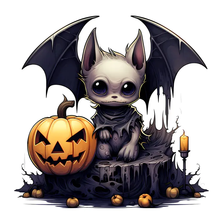 Adorable Bat with Pumpkin and Candle