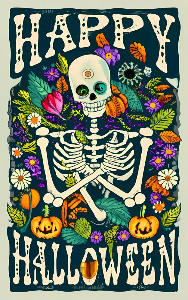 Skeleton with Pumpkins and Flowers for Halloween