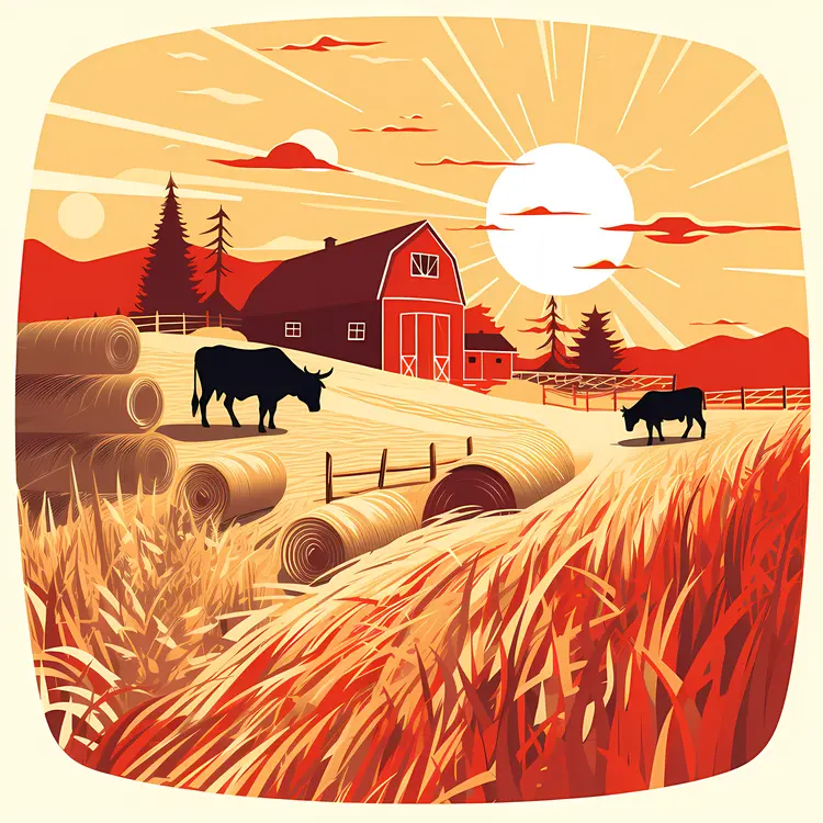 Barn with Cows at Sunset