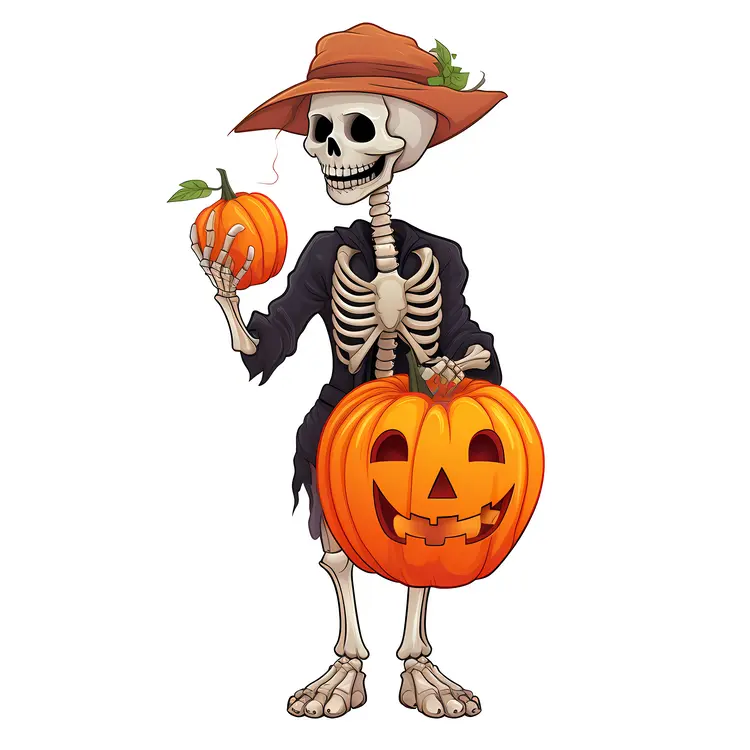 Skeleton with Two Pumpkins