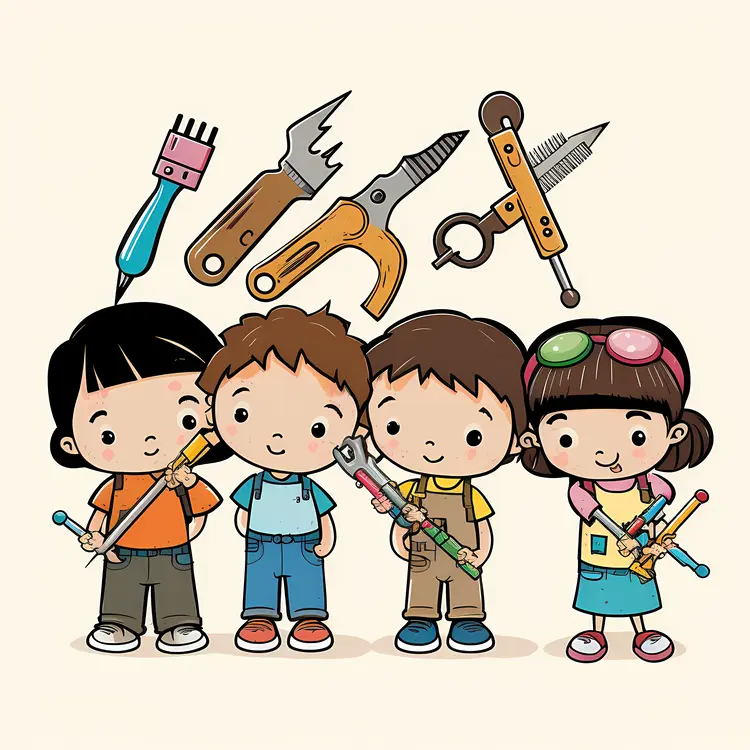 Cartoon Children Holding Tools