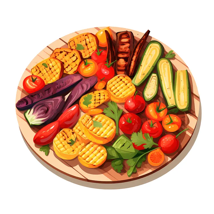 Illustrated Grilled Vegetables on a Wooden Plate