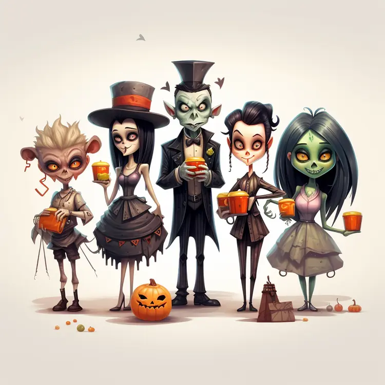 Halloween Group in Costumes with Pumpkins