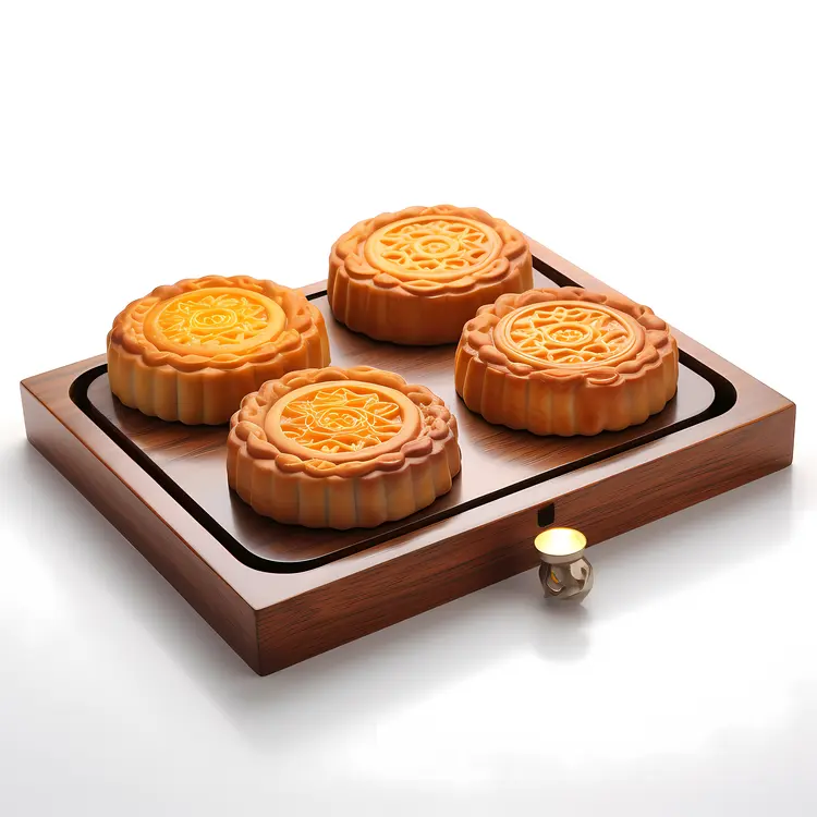 Traditional Mooncakes on Wooden Tray for Mid-Autumn Festival