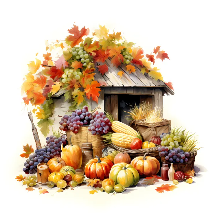 Autumn Harvest Display with Pumpkins and Grapes