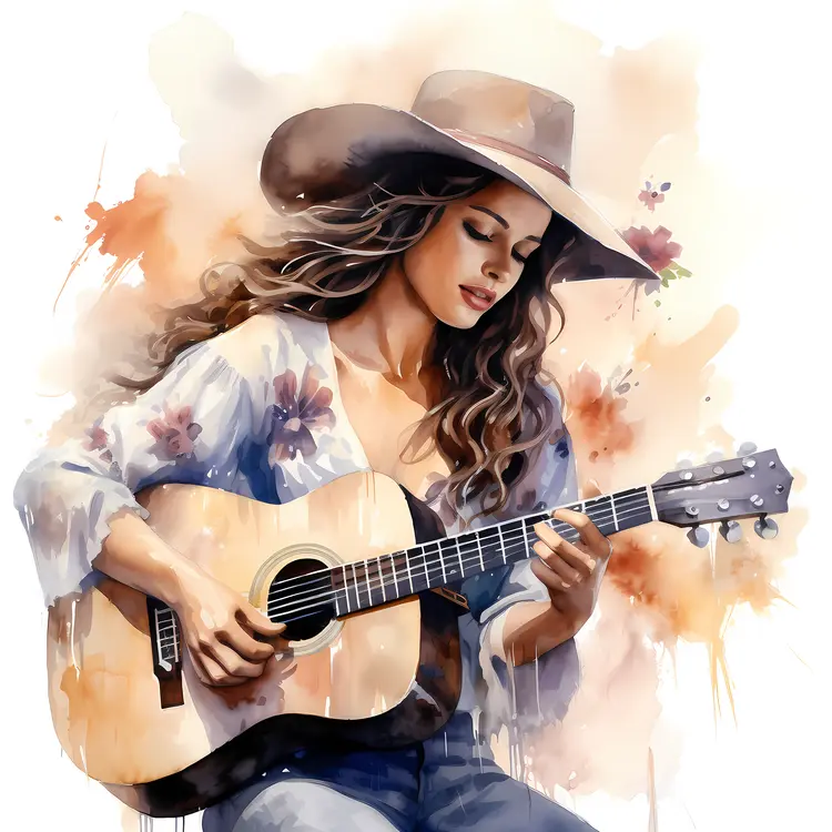 Woman Playing Guitar with Artistic Background