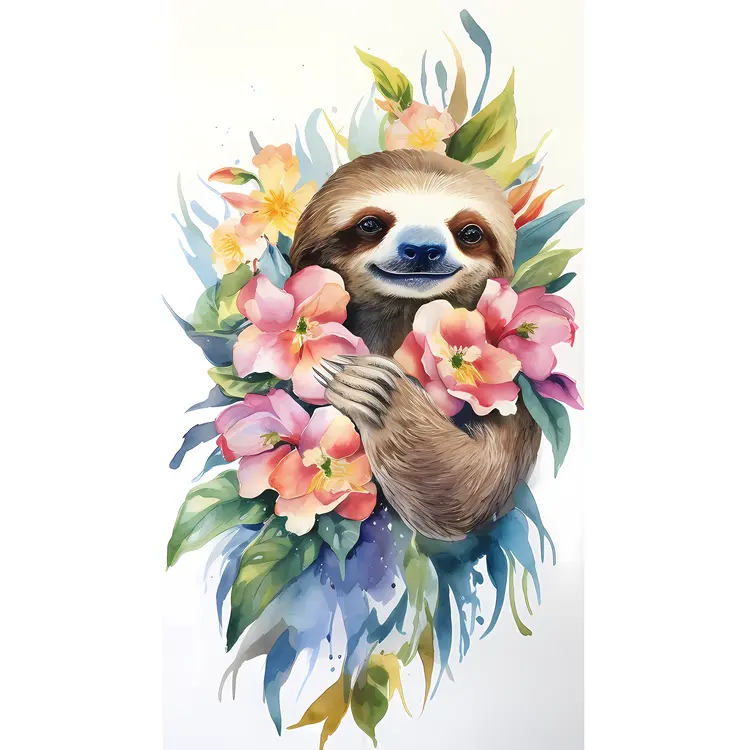 Cute Sloth with Flowers in Watercolor Illustration