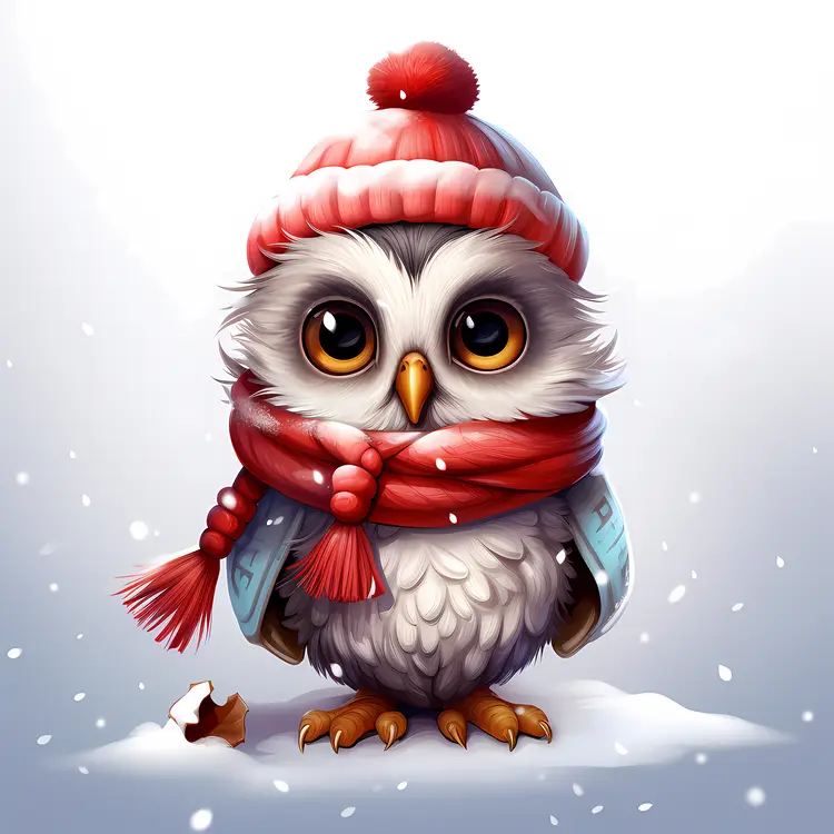 Cute Owl in Winter Hat and Scarf