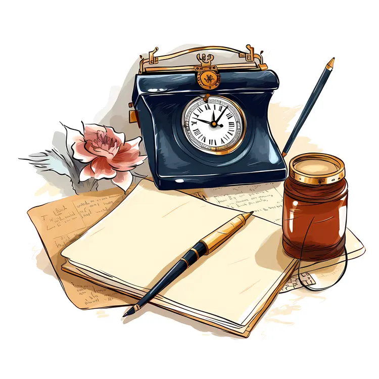 Vintage Clock with Notebook and Pen