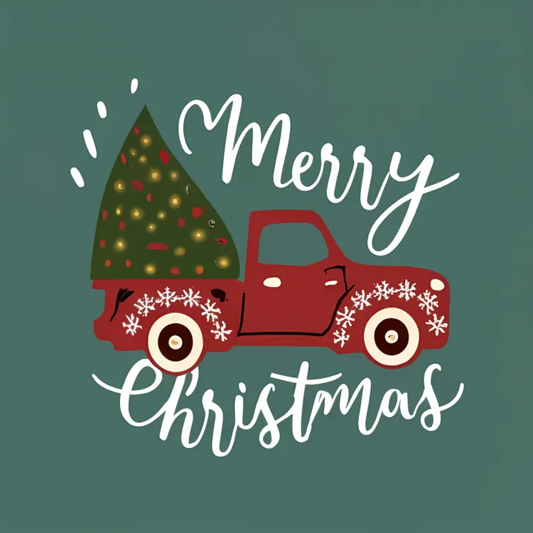 Merry Christmas with Red Truck and Tree