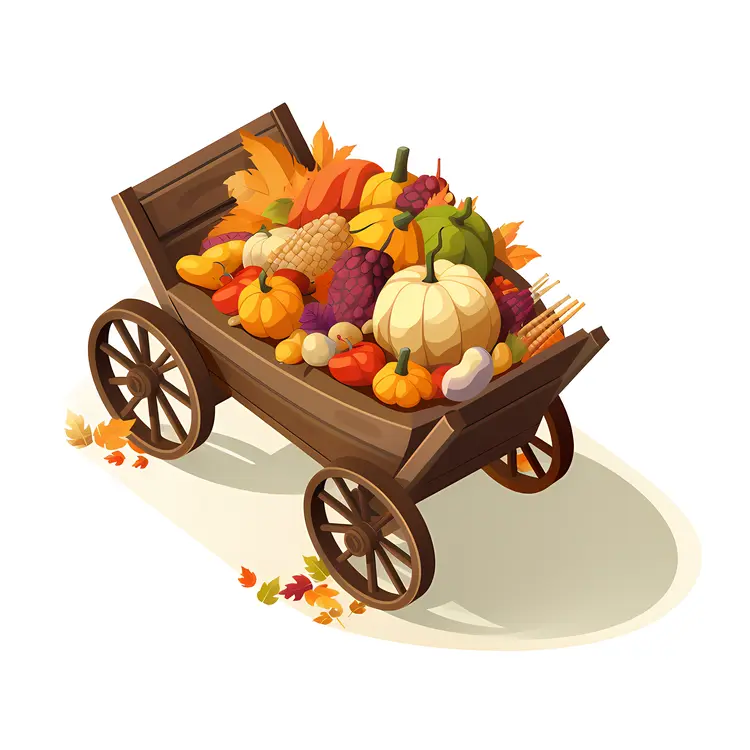 Wooden Cart with Assorted Vegetables and Fruits for Thanksgiving