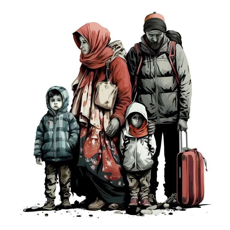 Family of Refugees in Winter Clothing with Luggage