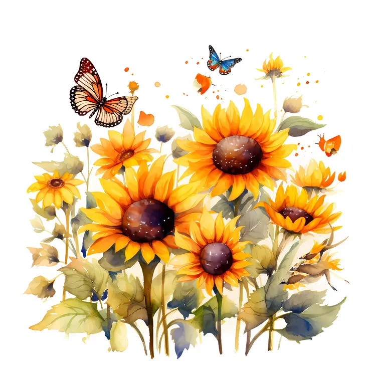 Beautiful Sunflowers with Butterflies in a Summer Garden