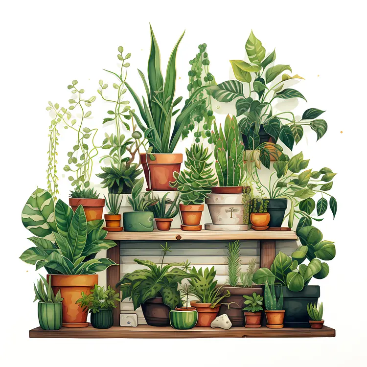 Green Plants on Wooden Shelves