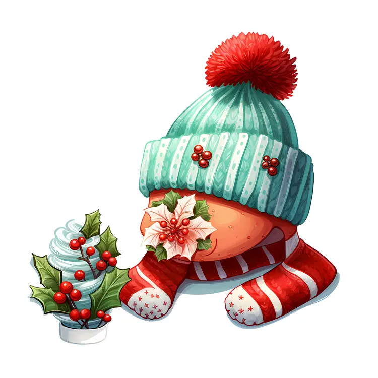 Green and Red Knitted Hat with Pom Pom